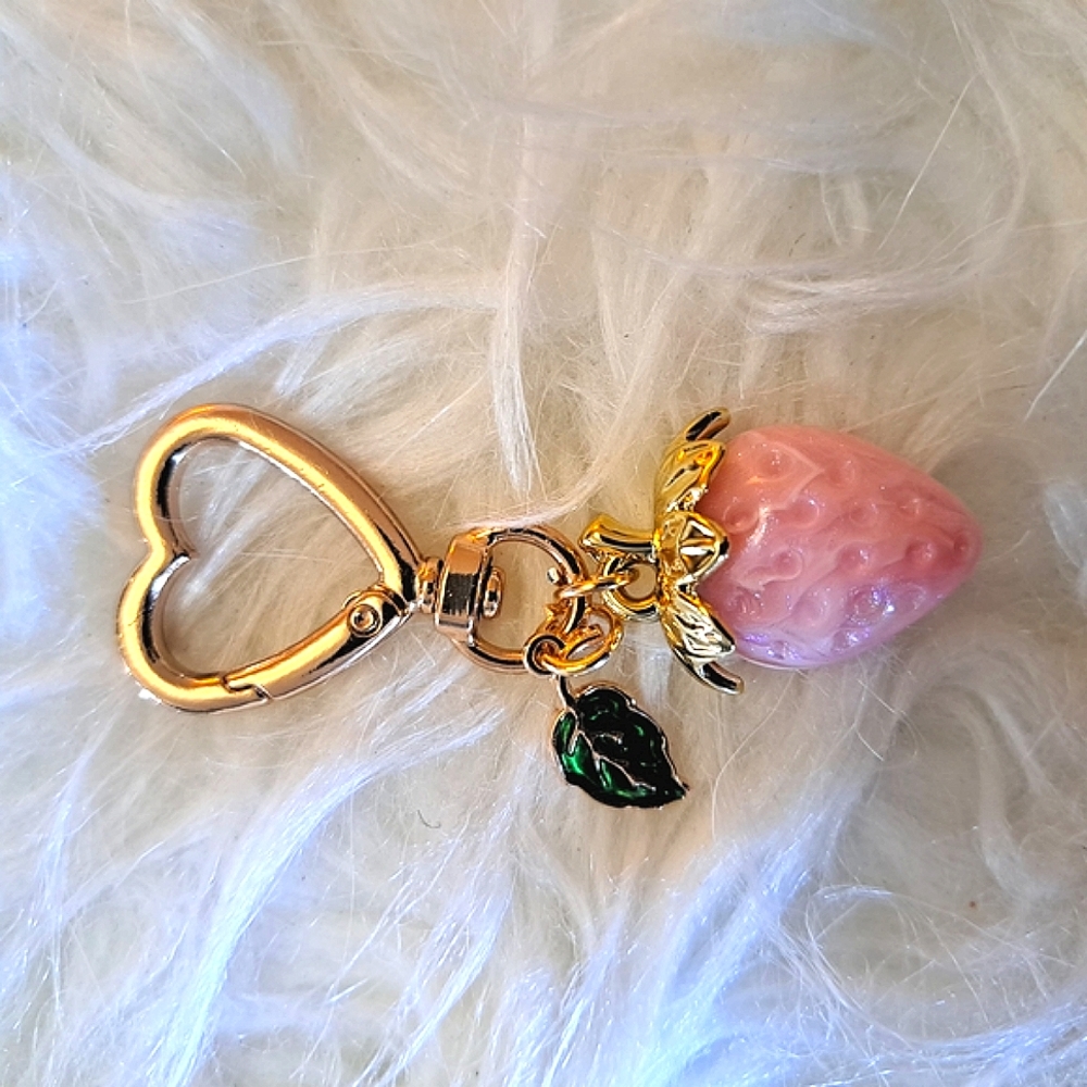 Pink Strawberry Keychain with Gold Accents